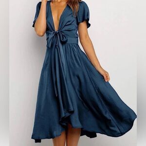 #109 BTFBM Satin Plunge Neck Midi Dress